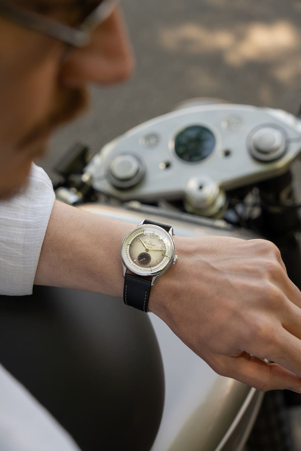 1968 Mechanical (Hand-Wound) by AV86 vintage-inspired dress watch with sapphire crystal, mechanical dial, and black leather strap
