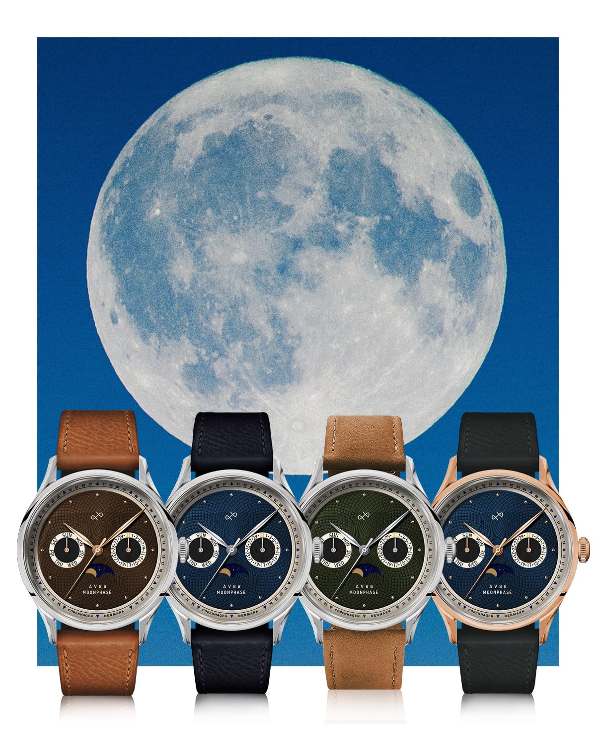 AV86 vintage-inspired moonphase chronograph watches with sapphire crystal, textured dials, and leather straps against full moon backdrop