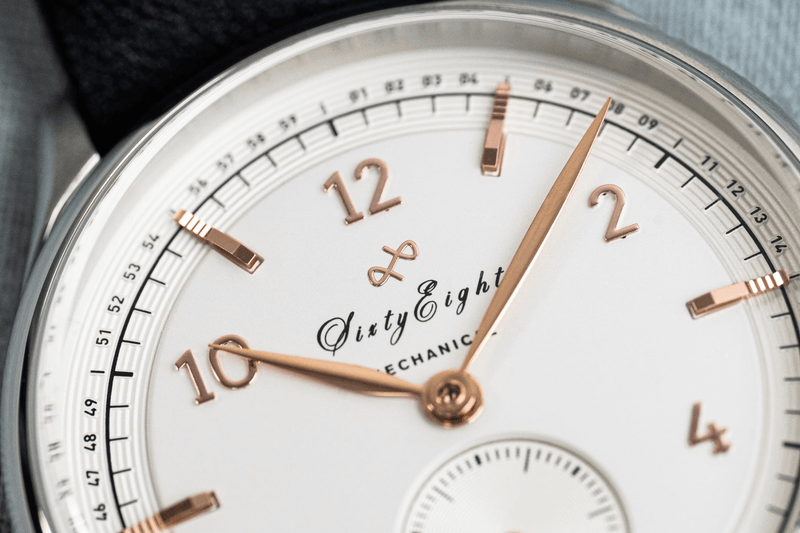 1968 Mechanical by AV86 vintage-inspired automatic watch with sapphire crystal, rose gold markers, and black leather strap