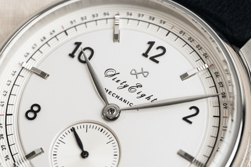 1968 Mechanical by AV86 vintage-inspired automatic watch with sapphire crystal, detailed white dial, and black leather strap
