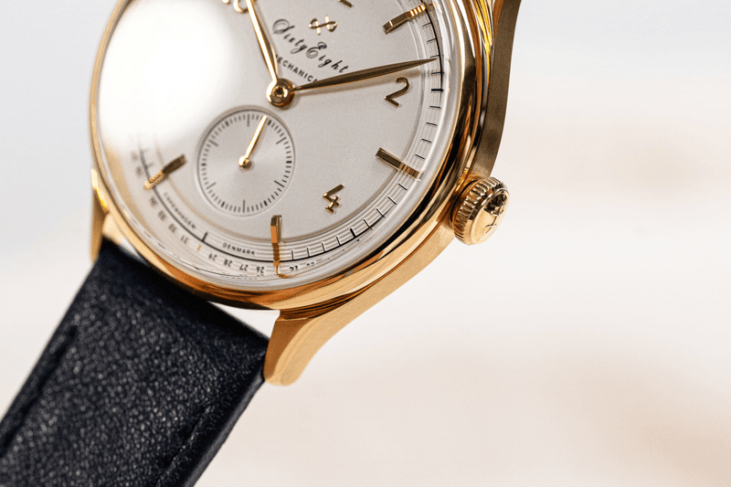 1968 Mechanical by AV86 luxury vintage-inspired automatic with sapphire crystal, gold case, minimalist dial, and black leather strap