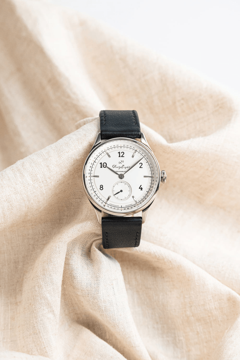 1968 Mechanical by AV86 vintage-inspired automatic watch with white dial, subdial, sapphire crystal, and black leather strap