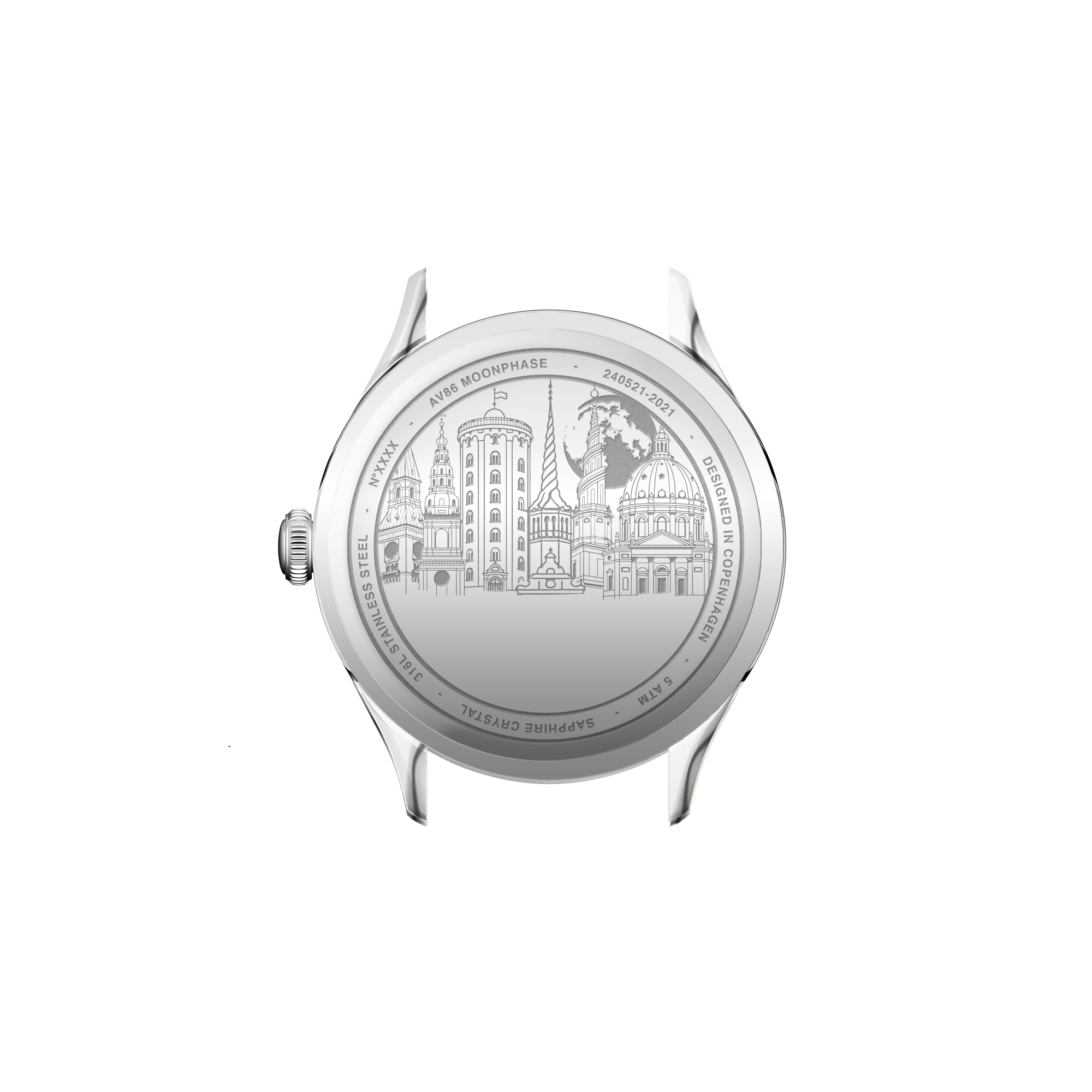 AV86製「1968 Moonphase」。ケース裏蓋には北欧の建築名所が刻印され、Sapphire Crystalが採用されています。