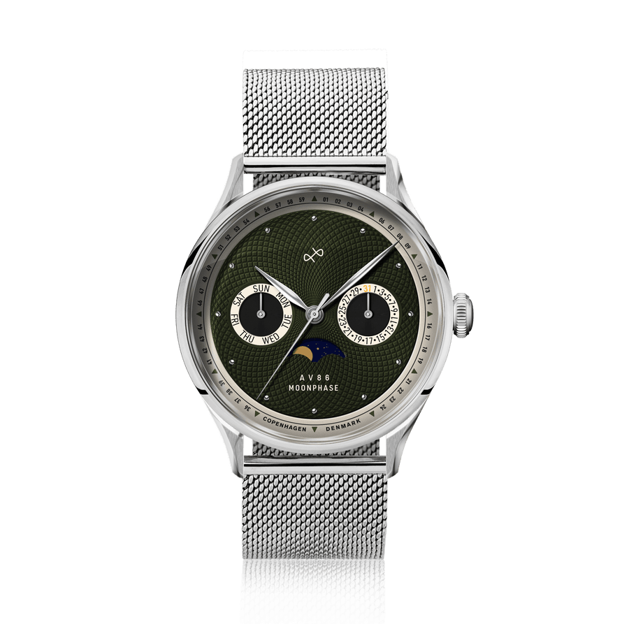 1968 Moonphase by AV86 luxury moonphase watch with sapphire crystal, vintage-inspired dial, and stainless steel mesh bracelet strap