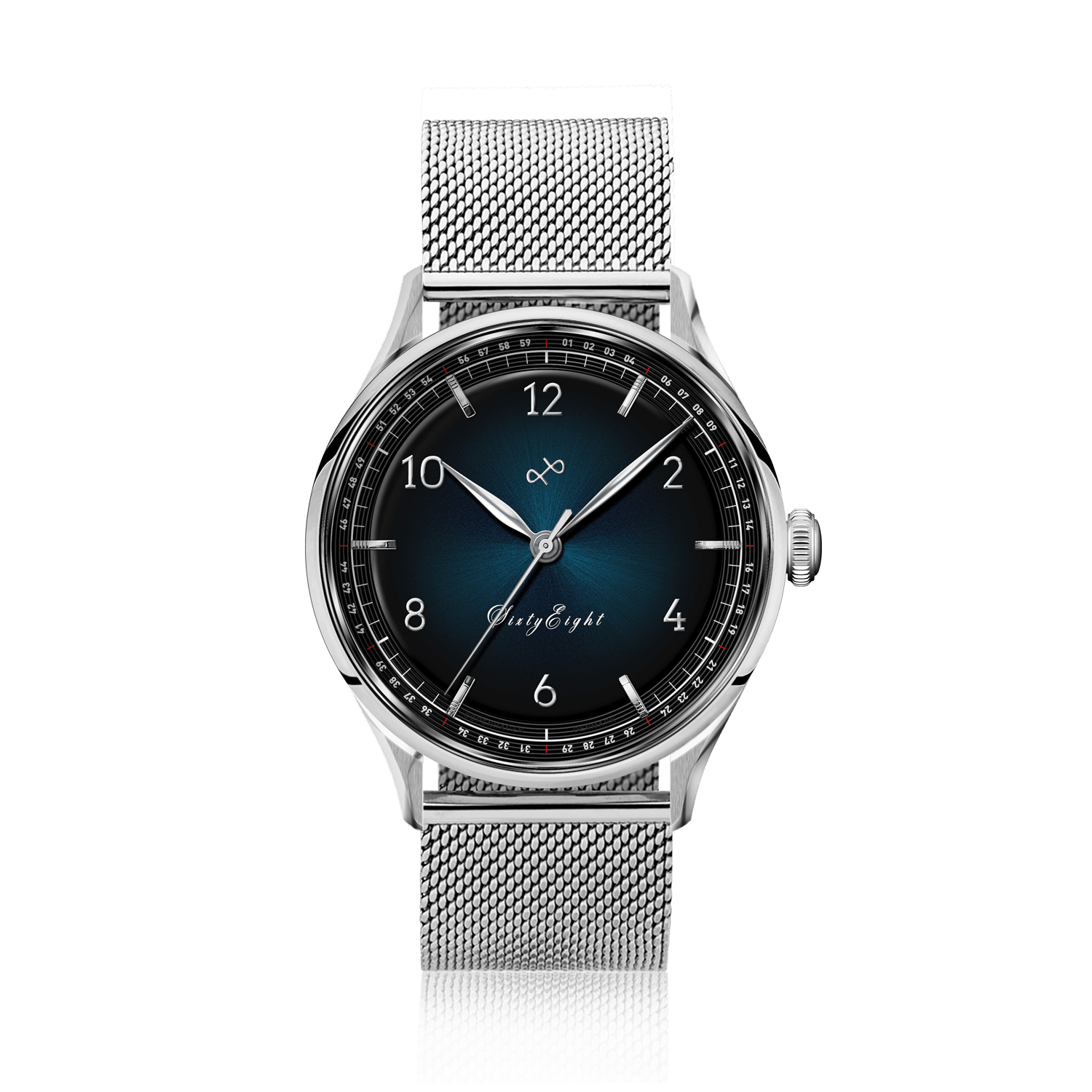 AV86의 1968 Sixtyeight: Sapphire Crystal, 질감 있는 다이얼, 스틸 메쉬 브레이슬릿 스트랩이 특징인 빈티지 스타일의 드레스 워치