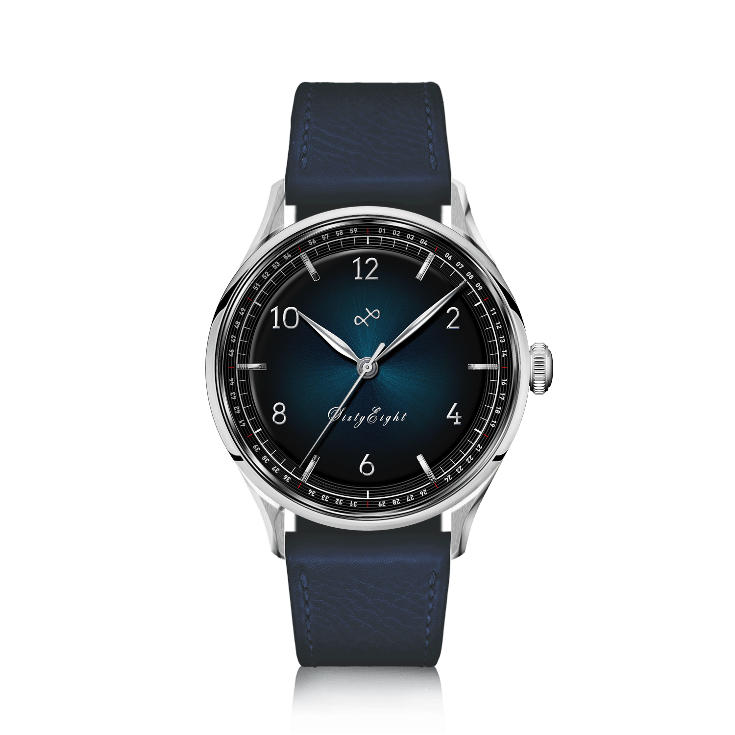 1968 Sixtyeight by AV86 vintage-inspired dress watch with sapphire crystal, sunray dial, and blue leather strap