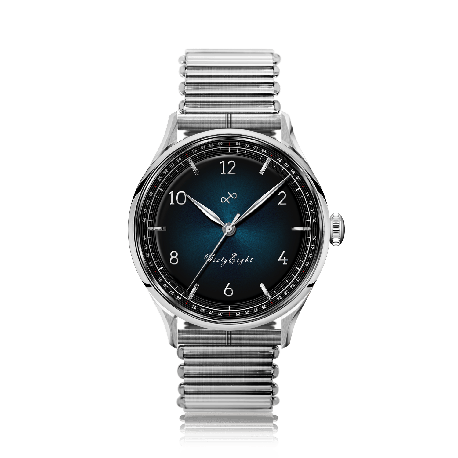 AV86의 1968 Sixtyeight: Sapphire Crystal, 블루 선레이 다이얼, 스테인리스 스틸 브레이슬릿 스트랩이 적용된 빈티지 스타일의 드레스 워치