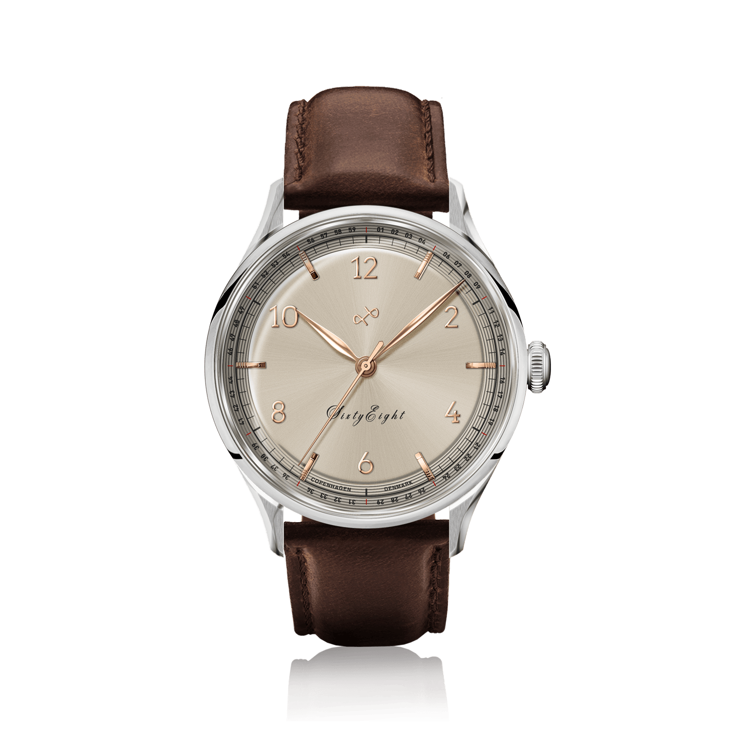 1968 Sixtyeight by AV86 vintage-inspired dress watch with champagne dial, sapphire crystal, and brown leather strap