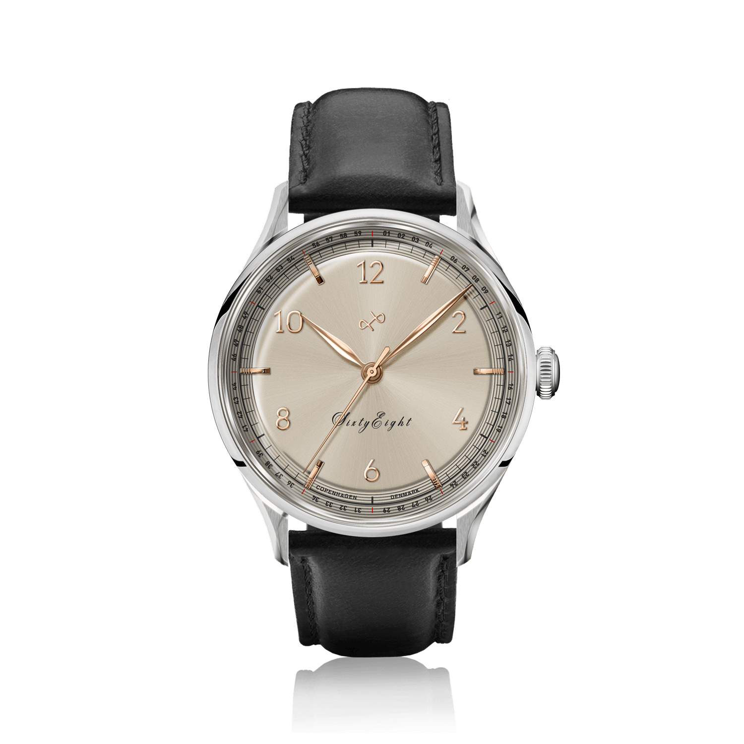 1968 Sixtyeight by AV86 vintage-inspired dress watch with sapphire crystal, polished case, champagne dial, and black leather strap