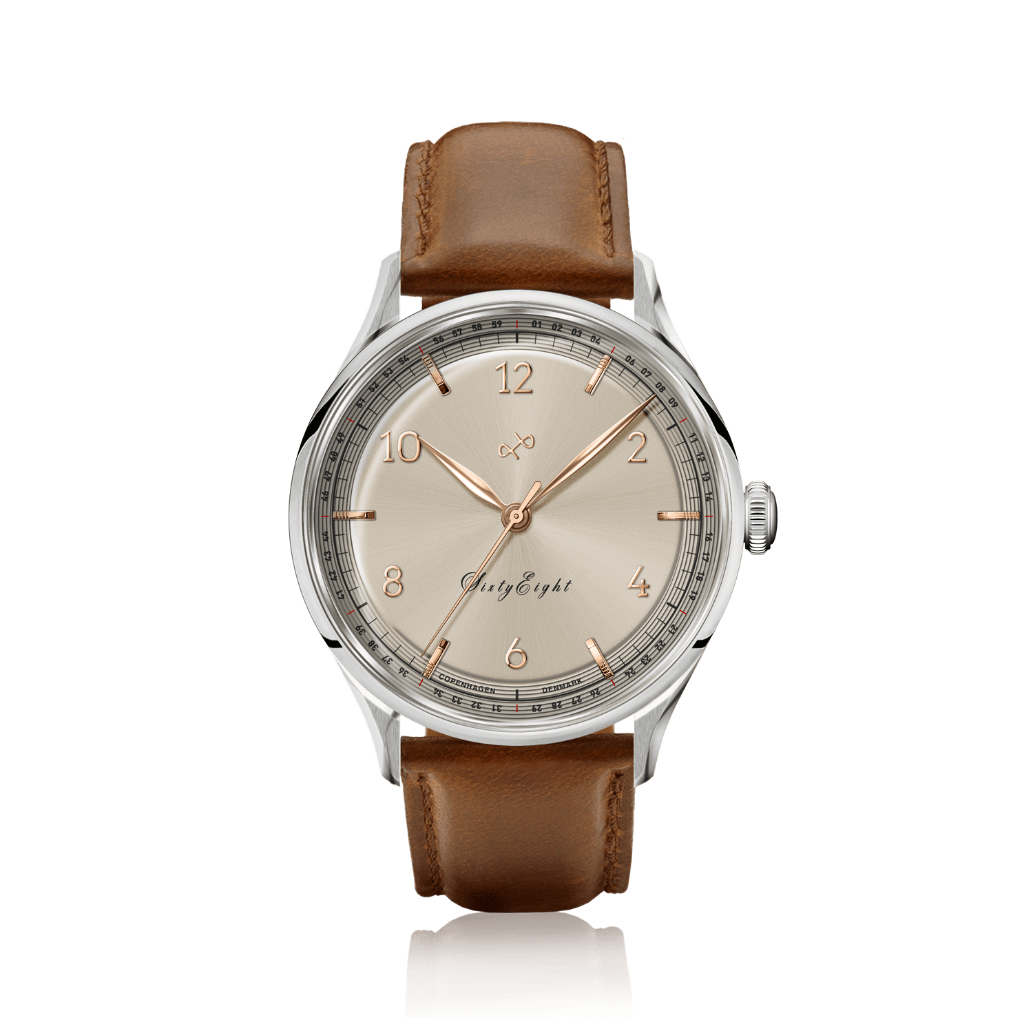 1968 Sixtyeight by AV86 dress watch with vintage-inspired champagne dial, sapphire crystal, and brown leather strap