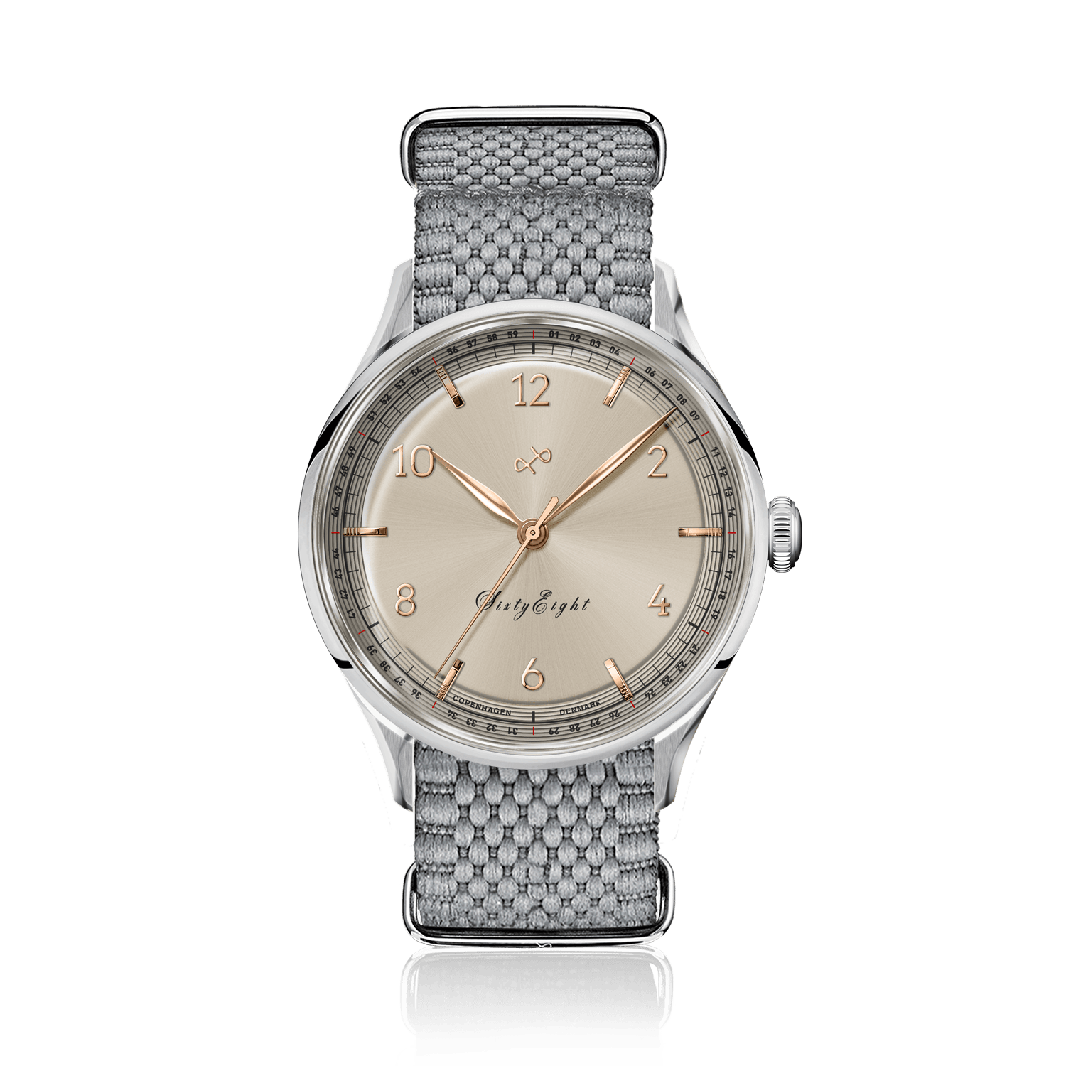 1968 Sixtyeight by AV86 vintage-inspired dress watch with sapphire crystal, delicately patterned dial, and woven fabric strap