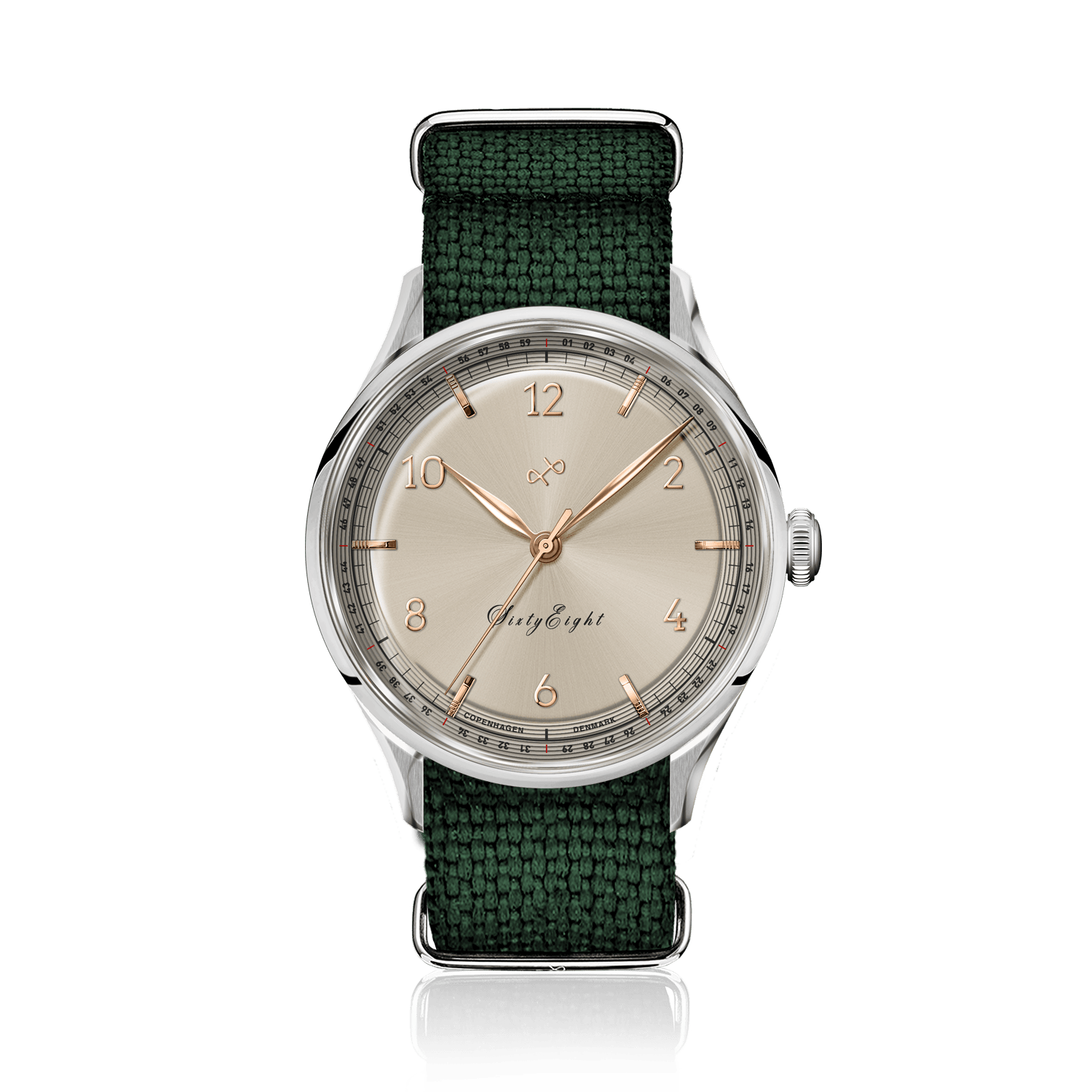 1968 Sixtyeight by AV86 vintage-inspired dress watch with sapphire crystal, subtle dial details, and textured fabric strap