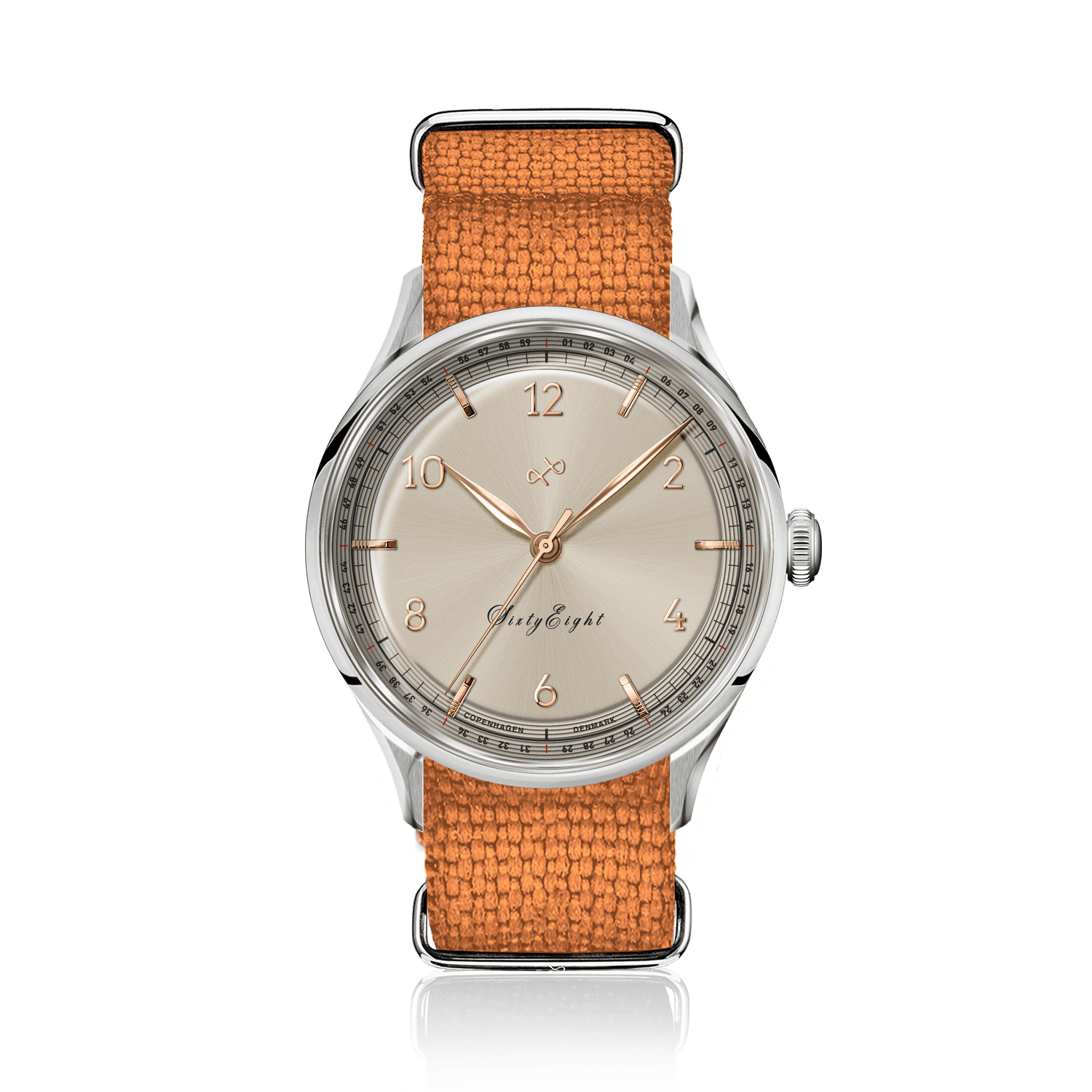 1968 Sixtyeight by AV86 vintage-inspired dress watch with delicate dial, sapphire crystal, and textured fabric strap