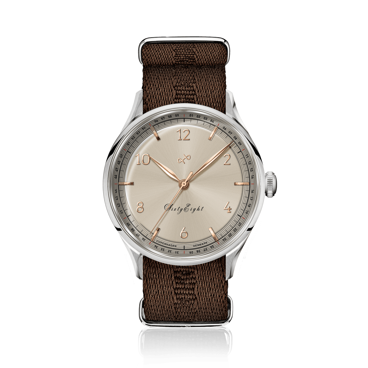 1968 Sixtyeight by AV86 vintage-inspired dress watch with domed sapphire crystal, subtle dial details, and brown textured fabric strap