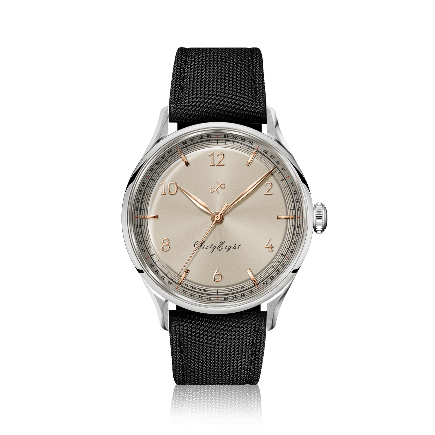 1968 Sixtyeight by AV86 vintage-inspired dress watch with sapphire crystal, elegant dial, and black textured fabric strap