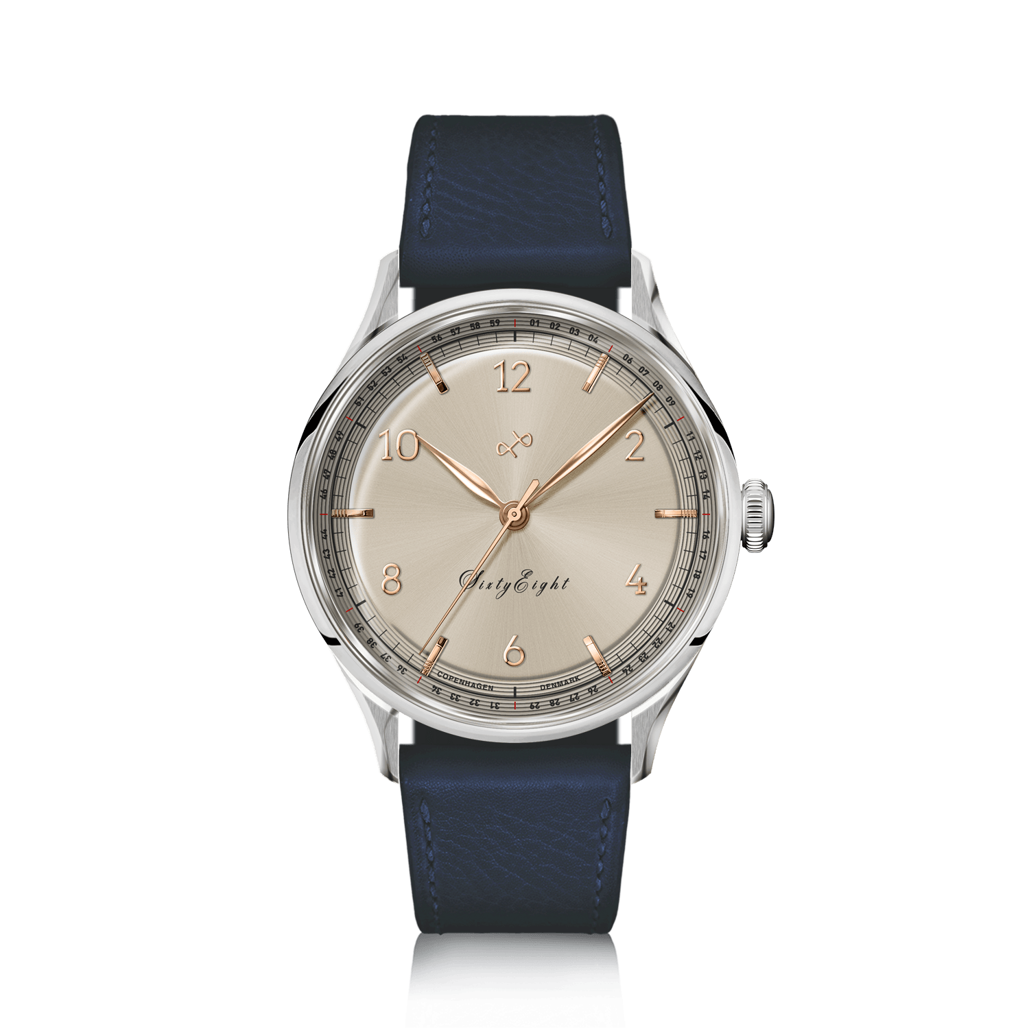 1968 Sixtyeight by AV86 vintage-inspired dress watch with champagne dial, sapphire crystal, and blue leather strap