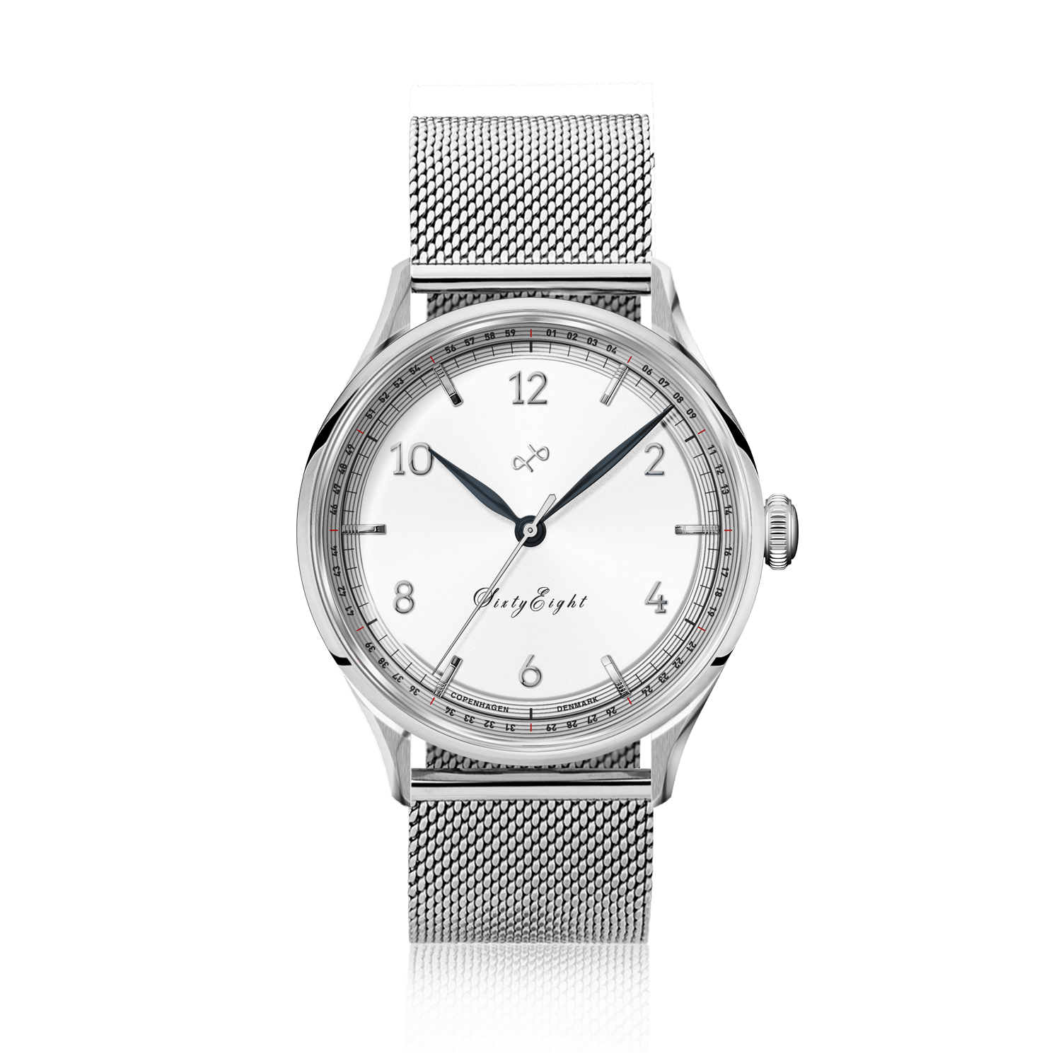 AV86의 1968 Sixtyeight: Sapphire Crystal, 미니멀한 다이얼, 스테인리스 스틸 메쉬 스트랩이 특징인 빈티지 스타일의 드레스 워치