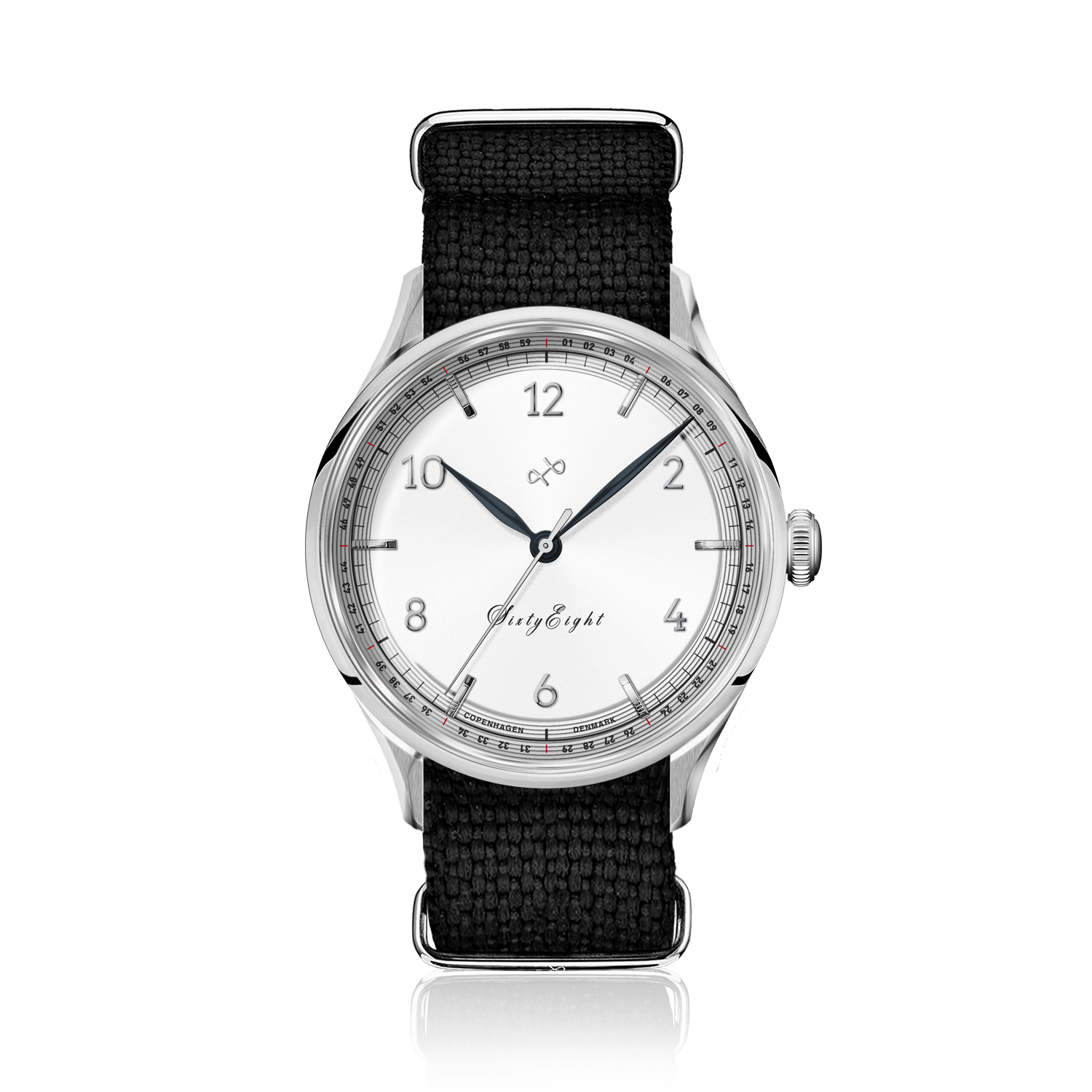 AV86의 1968 Sixtyeight: Sapphire Crystal, 미니멀한 다이얼, 블랙 패브릭 스트랩이 특징인 빈티지 스타일의 드레스 워치