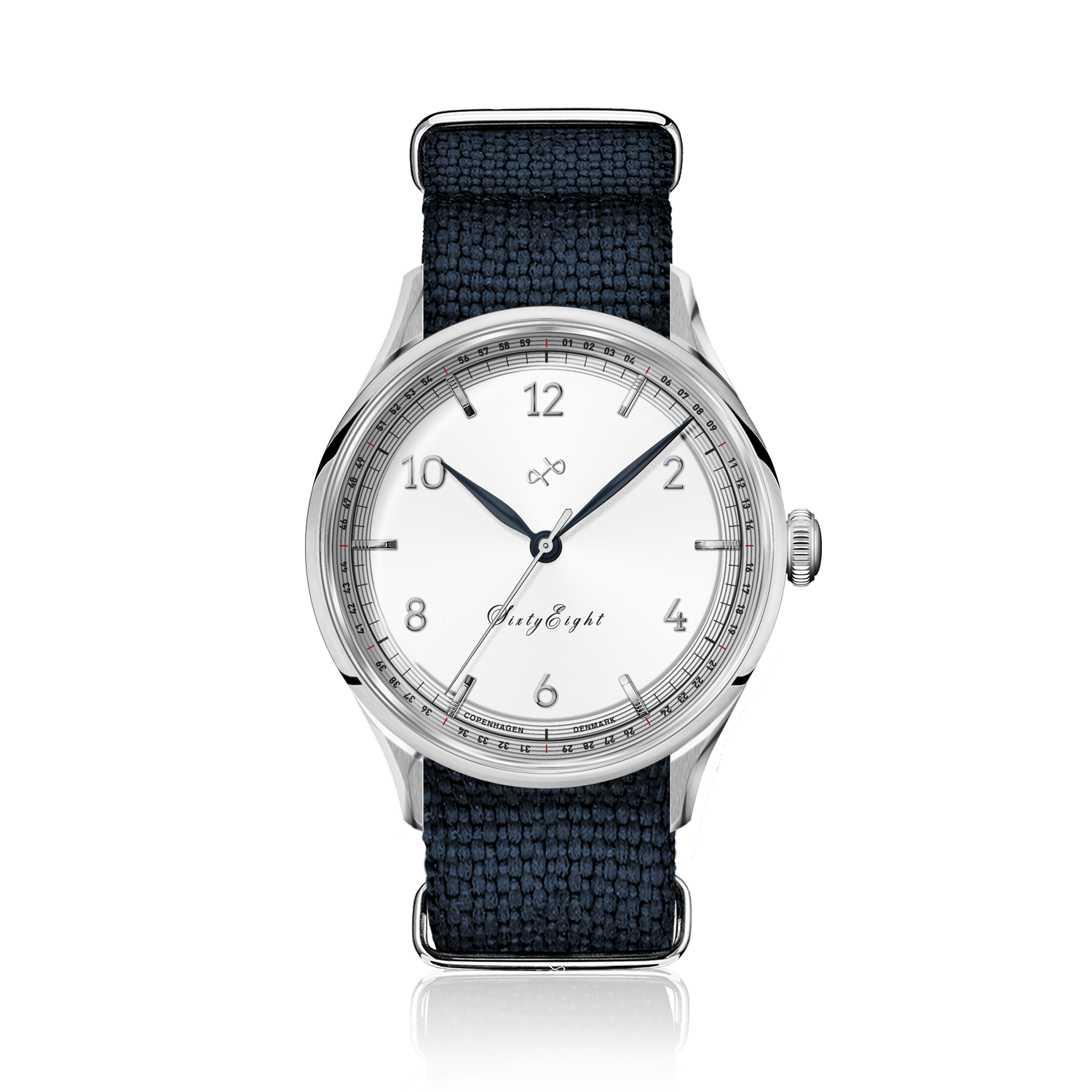 AV86의 1968 Sixtyeight: Sapphire Crystal, 은은한 화이트 다이얼, 질감이 살아있는 패브릭 스트랩이 특징인 빈티지 스타일의 드레스 워치