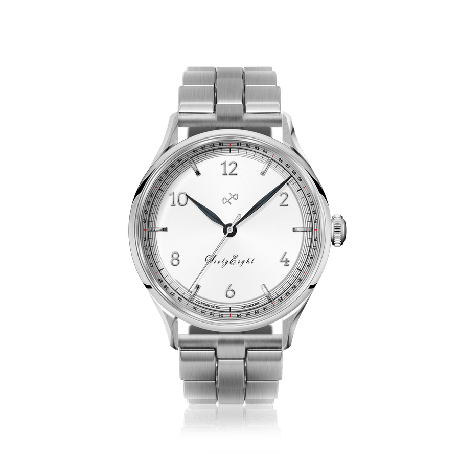 1968 Sixtyeight by AV86 vintage-inspired dress watch with minimalist dial, sapphire crystal, and stainless steel bracelet strap