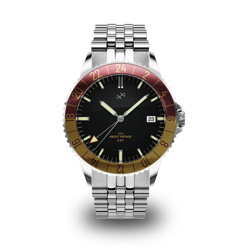 Montre GMT Haagen de 1970 à remontage automatique, avec lunette bordeaux et or, fabriquée en Suisse par AV86, dotée d'un verre saphir et d'un bracelet en acier