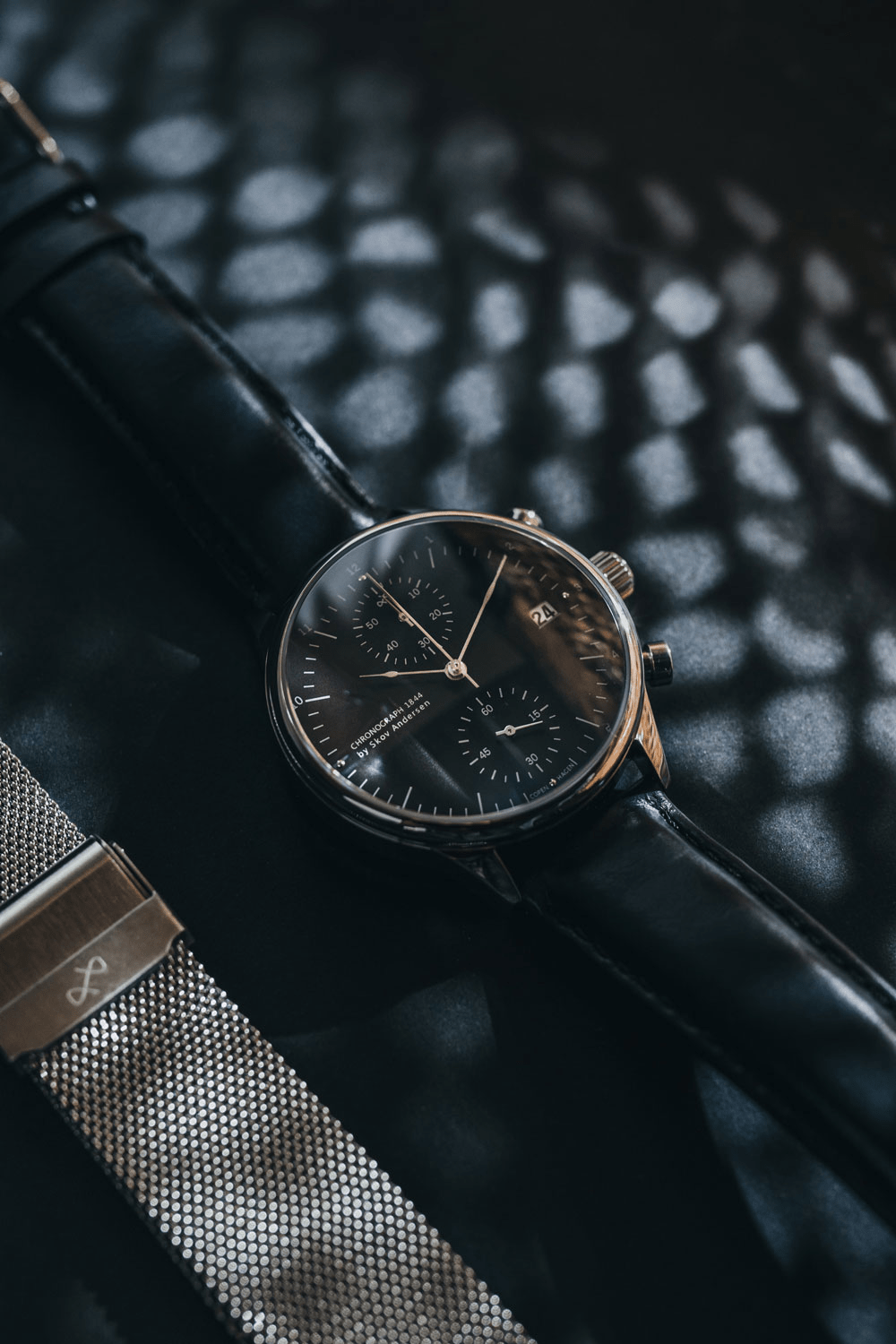 1844 Chronograph by AV86 luxury timepiece with sapphire crystal, chronograph dial, date display, and black leather strap