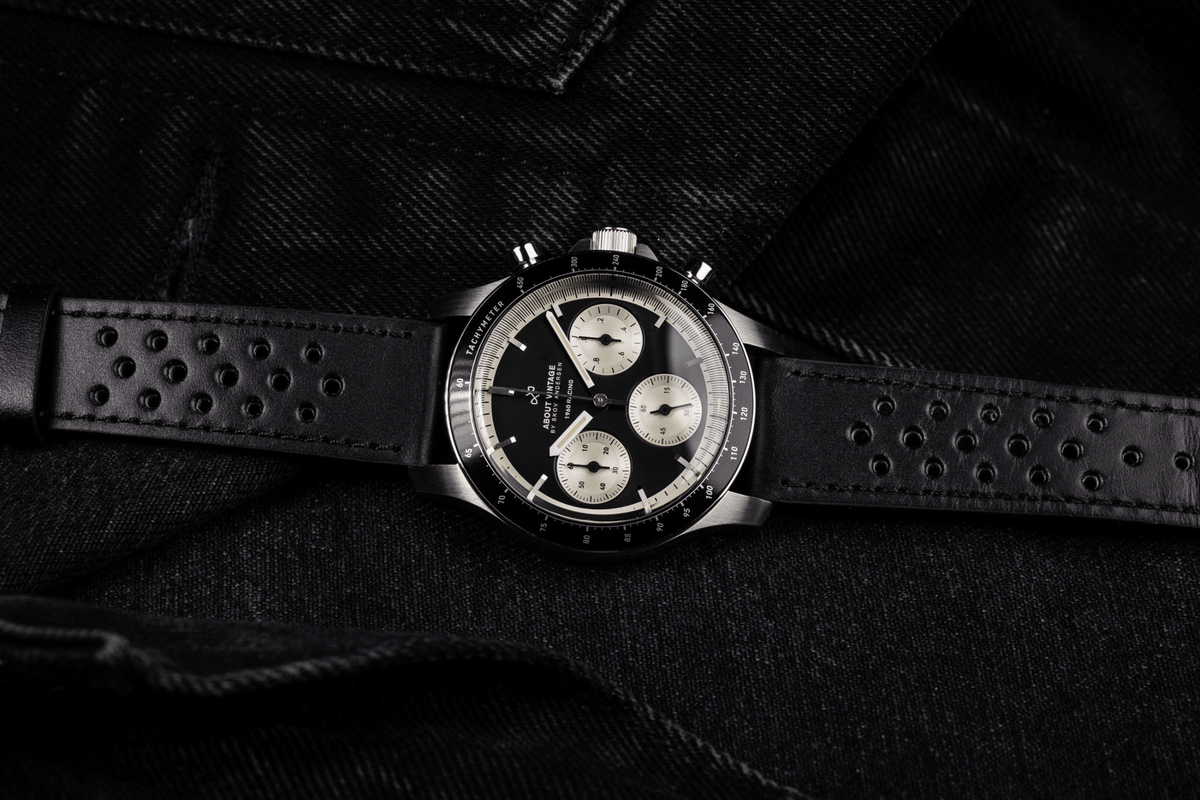 1960 Racing Chronograph by AV86 vintage-inspired luxury chronograph with sapphire crystal and perforated black leather strap