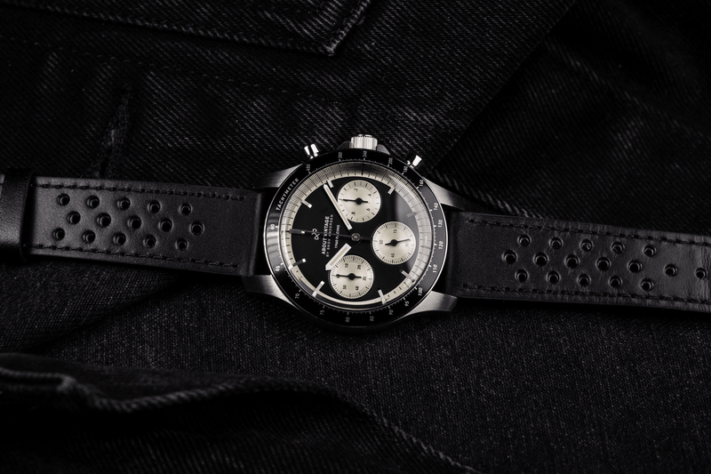 1960 Racing Chronograph by AV86 vintage-inspired luxury chronograph with sapphire crystal and perforated black leather strap