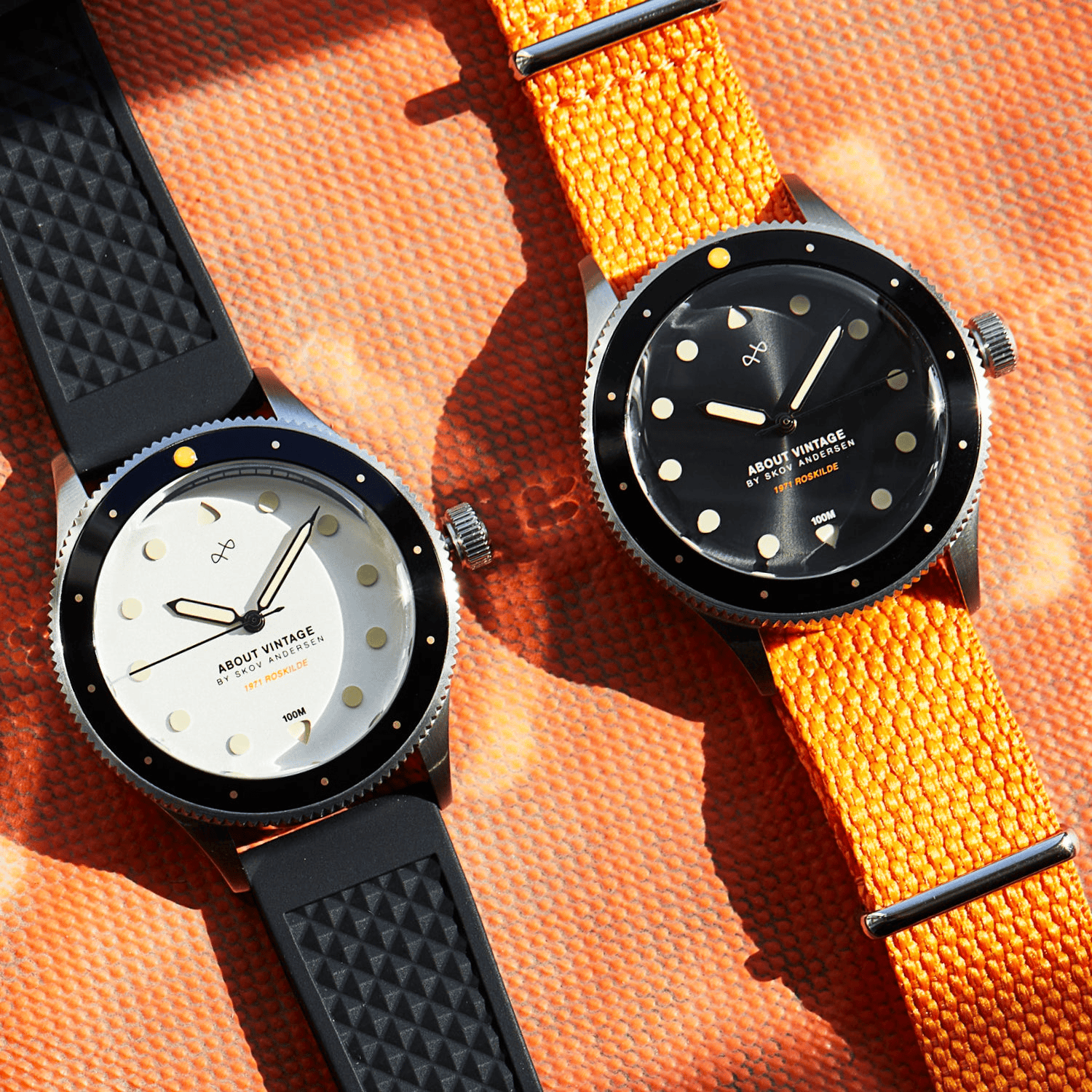 1971 Stagediver, Black – 39mm by AV86 vintage-inspired diver with sapphire crystal, compass bezel, and textured orange fabric strap