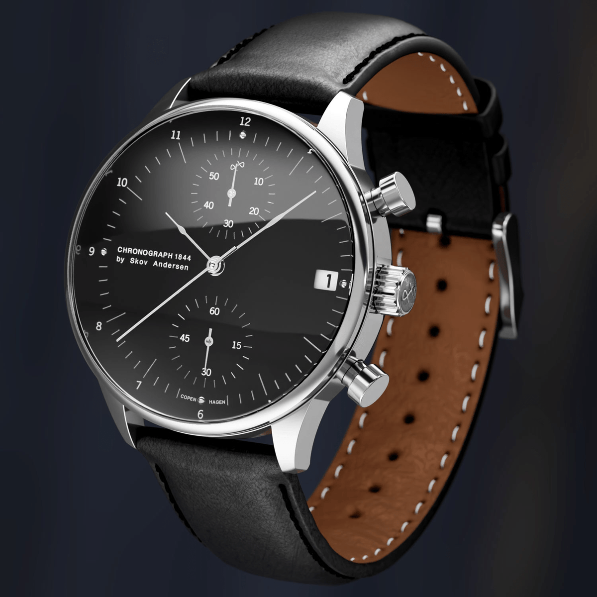 1844 Chronograph by AV86 with vintage-inspired dial, precise chronograph subdials, sapphire crystal, and black leather strap