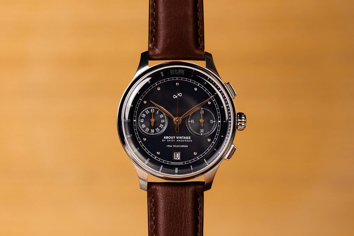 1934 Telechron by AV86 luxury chronograph with sapphire crystal, telemeter scale, vintage-inspired dial, and brown leather strap