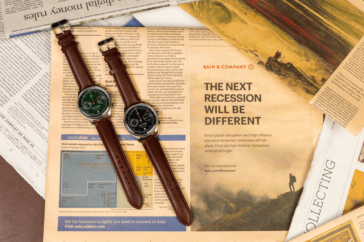1934 Telechron by AV86 vintage-inspired chronograph with telemeter, sapphire crystal, and brown leather strap on newspaper background