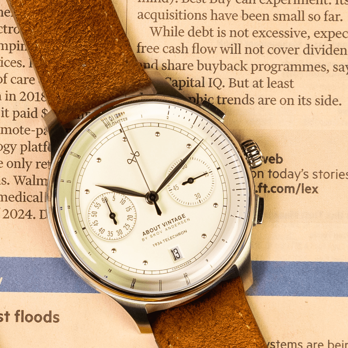 1934 Telechron by AV86 vintage-inspired chronograph with telemeter scale, sapphire crystal, and brown leather strap