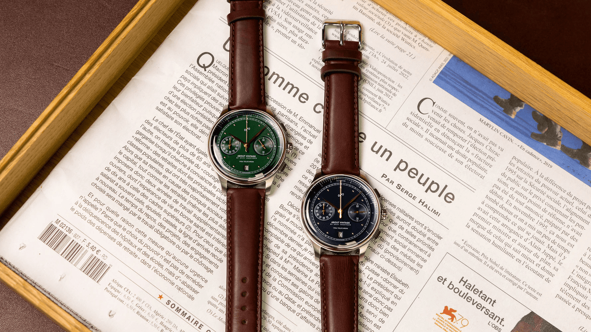 1934 Telechron by AV86 vintage-inspired chronograph with sapphire crystal, telemeter, and brown leather strap designed for precision