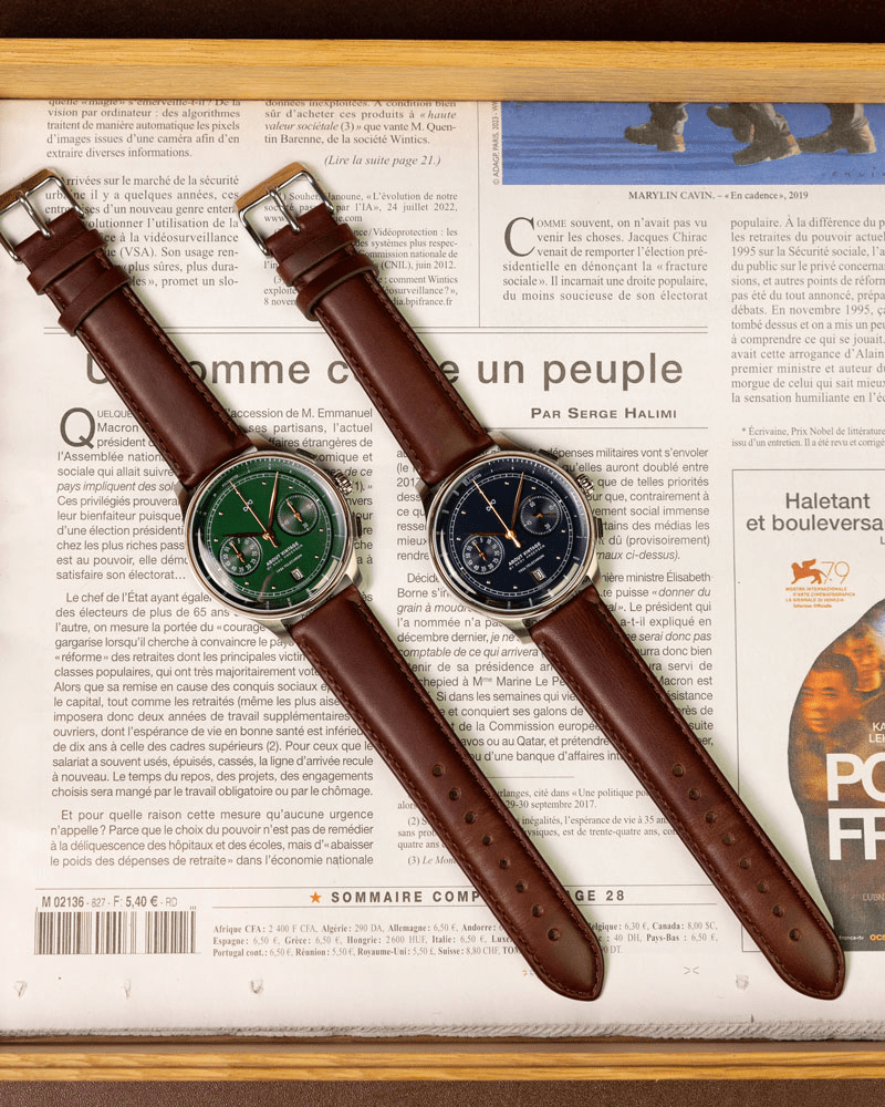 1934 Telechron by AV86 vintage-inspired chronograph with telemeter, sapphire crystal, and brown leather strap
