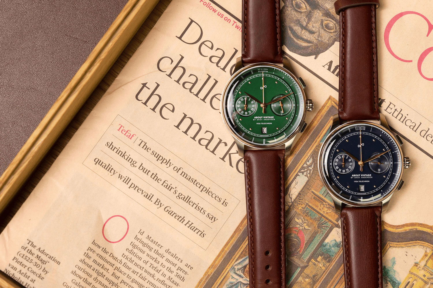 AV86의 1934년형 Telechron 빈티지 스타일 Chronograph. 텔레미터, Sapphire Crystal, 브라운 가죽 스트랩이 특징입니다.