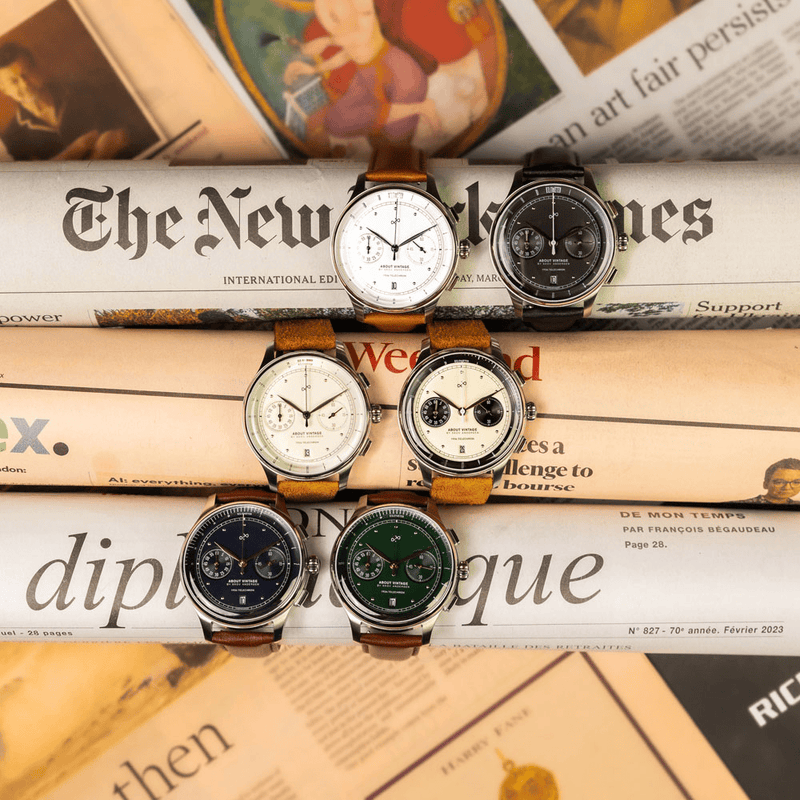 1934 Telechron, Steel / Black by AV86 showcases a vintage-inspired chronograph with a black dial, dual subdials, polished steel case, sapphire crystal, and a black leather strap, embodying refined Danish design and Nordic minimalism.