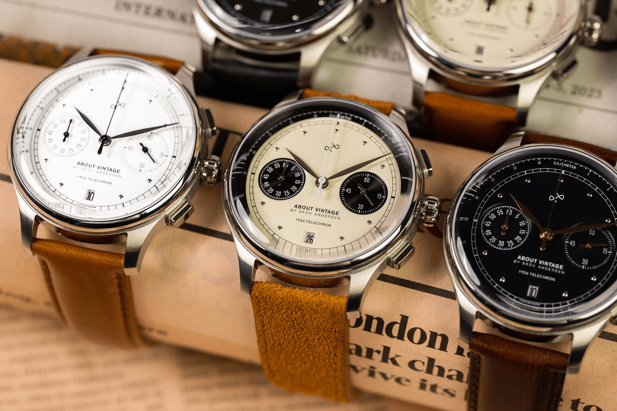 1934 Telechron by AV86 luxury chronograph with telemeter, sapphire crystal, vintage dial, and brown leather strap