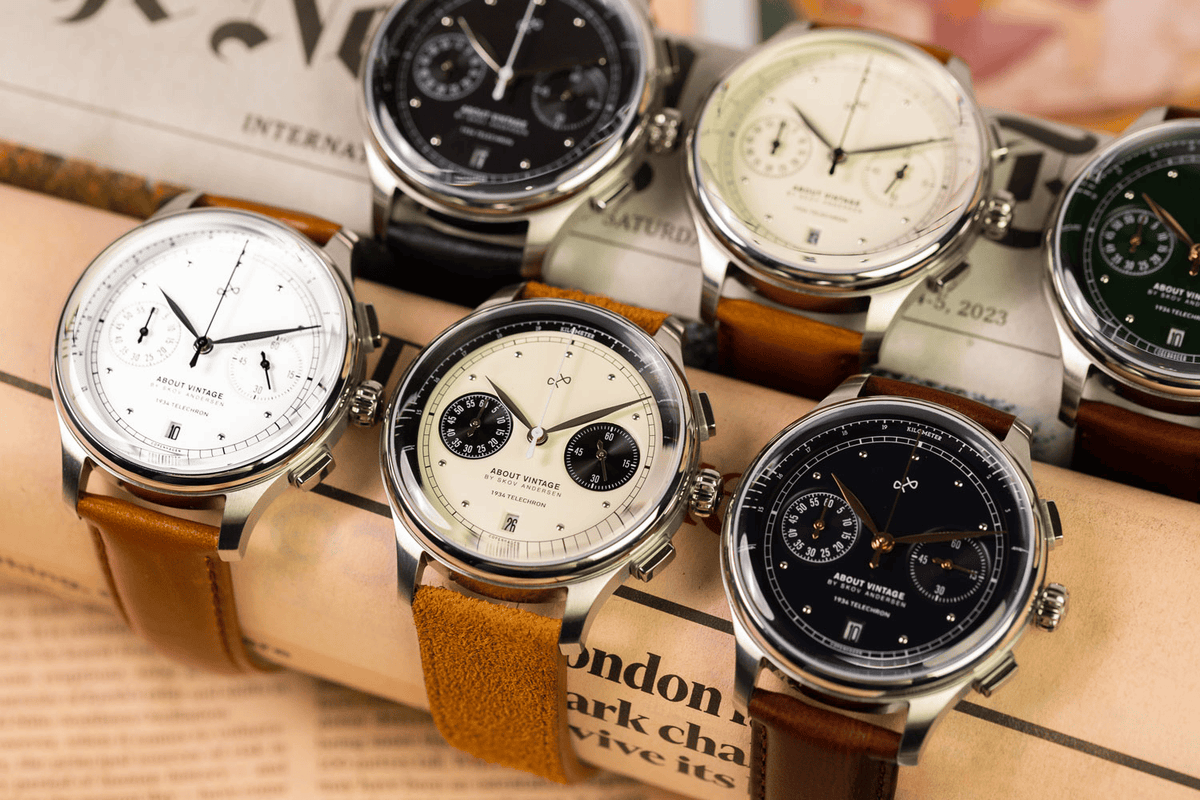 1934 Telechron by AV86 vintage-inspired chronograph with telemeter, sapphire crystal, and leather strap in a group display