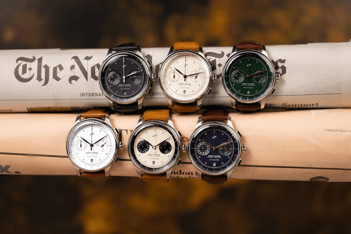 1934 Telechron, Steel / Black by AV86 displayed among six vintage-inspired chronographs with sapphire crystals, leather straps, and refined minimalist Scandinavian craftsmanship.