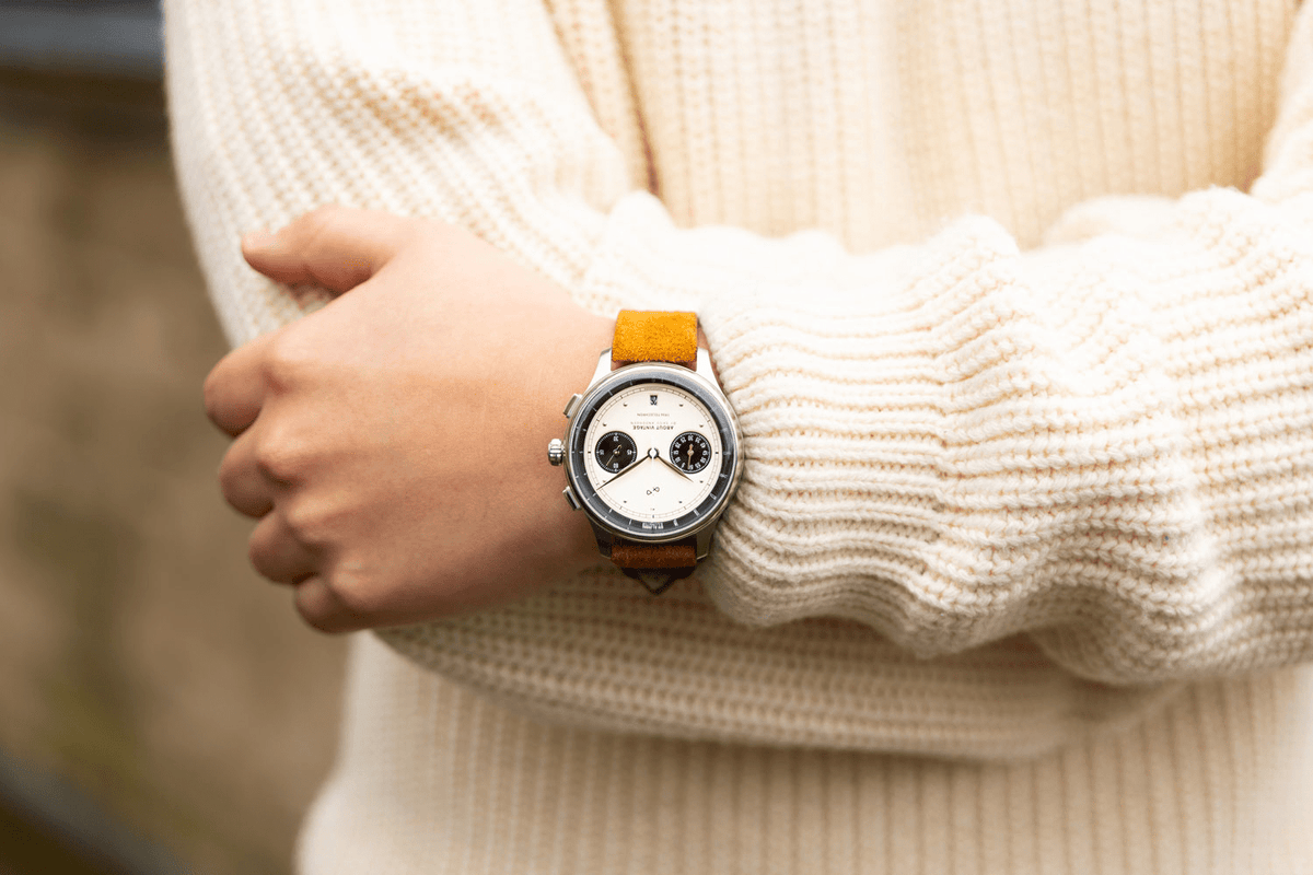 1934 Telechron by AV86 vintage-inspired chronograph with telemeter, sapphire crystal, and leather strap on wrist