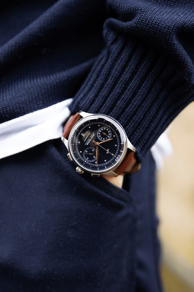 1934 Telechron by AV86 vintage-inspired chronograph with telemeter, sapphire crystal, brown leather strap, Nordic minimalist style
