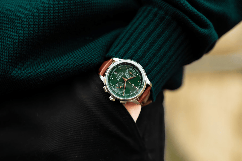 1934 Telechron by AV86 vintage-inspired chronograph with telemeter, sapphire crystal, and brown leather strap on wrist