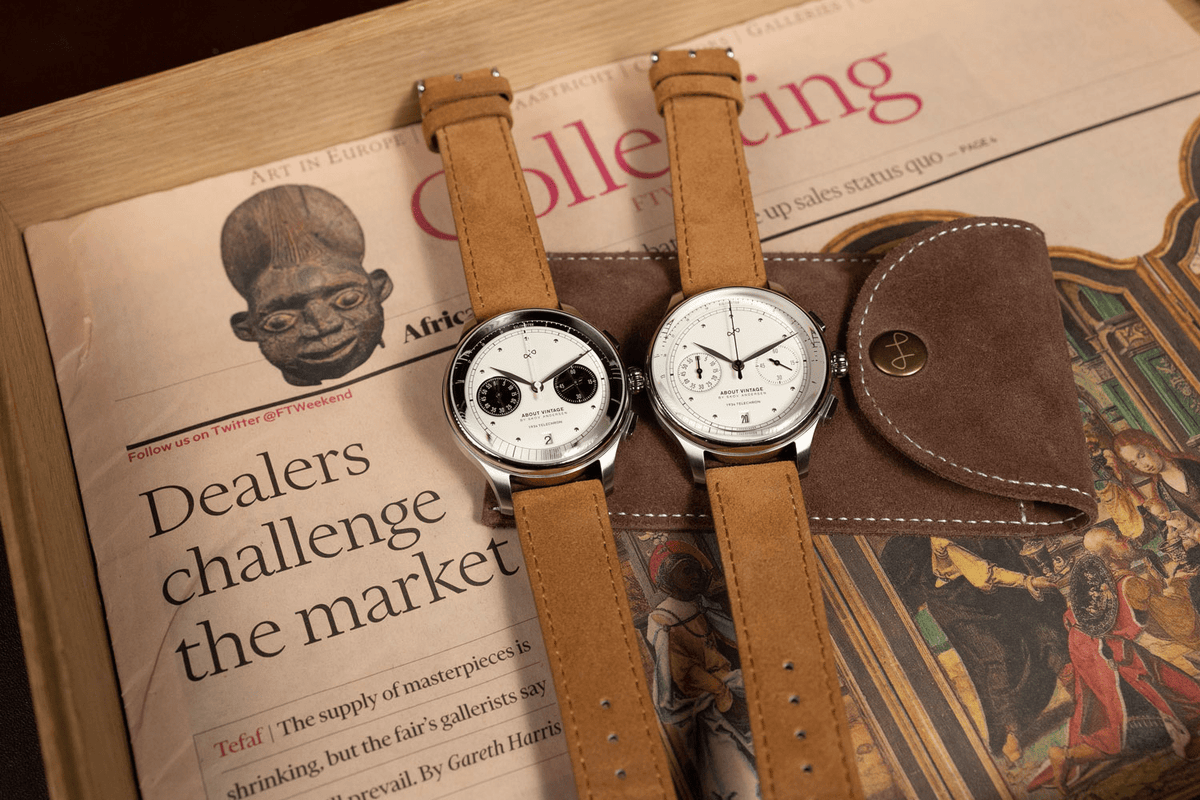 1934 Telechron by AV86 vintage-inspired chronograph with telemeter, sapphire crystal, and tan leather strap on wooden table