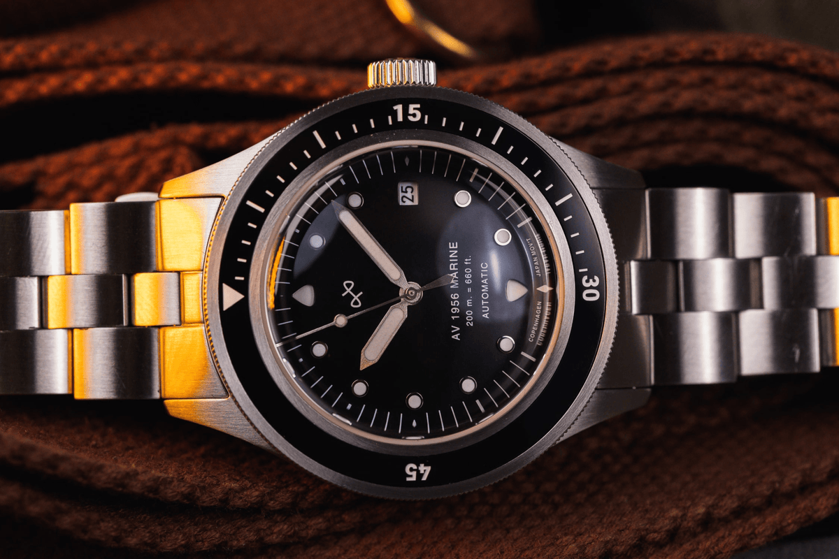 1956 Marine Automatic by AV86 vintage-inspired diver with sapphire crystal, rotating bezel, automatic movement, and metal bracelet strap
