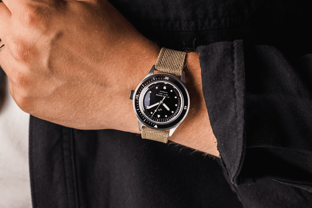 1956 Marine Automatic by AV86 vintage-inspired diver with sapphire crystal, compass bezel, and textured fabric strap
