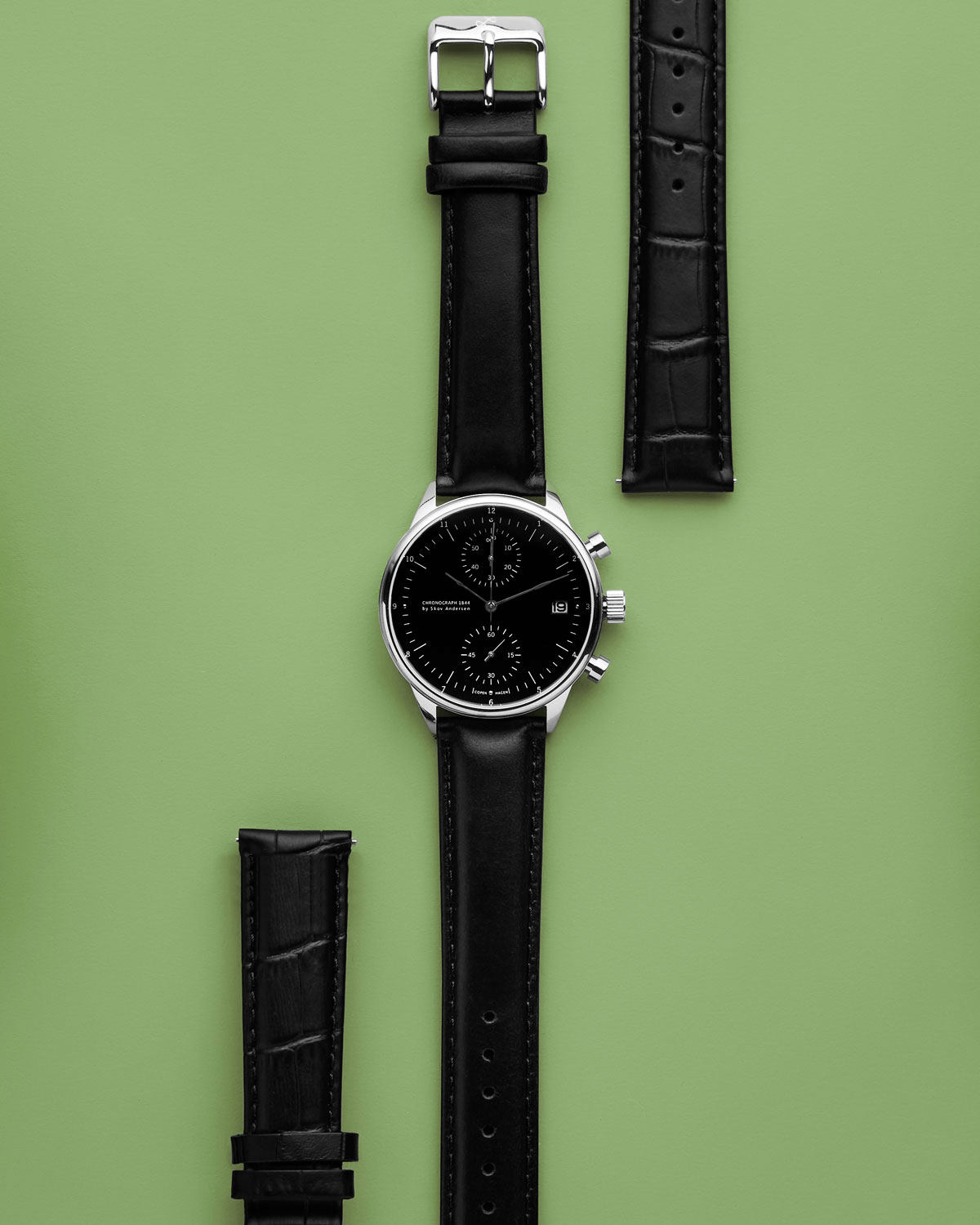 1844 Chronograph by AV86 with vintage-inspired black dial, sapphire crystal, and black leather strap with interchangeable options