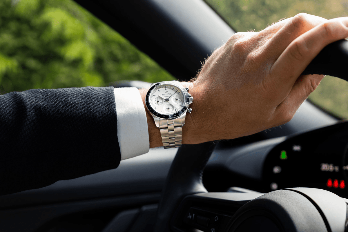 1960 Racing Chronograph by AV86 luxury chronograph with sapphire crystal, stainless steel case, and metal bracelet strap