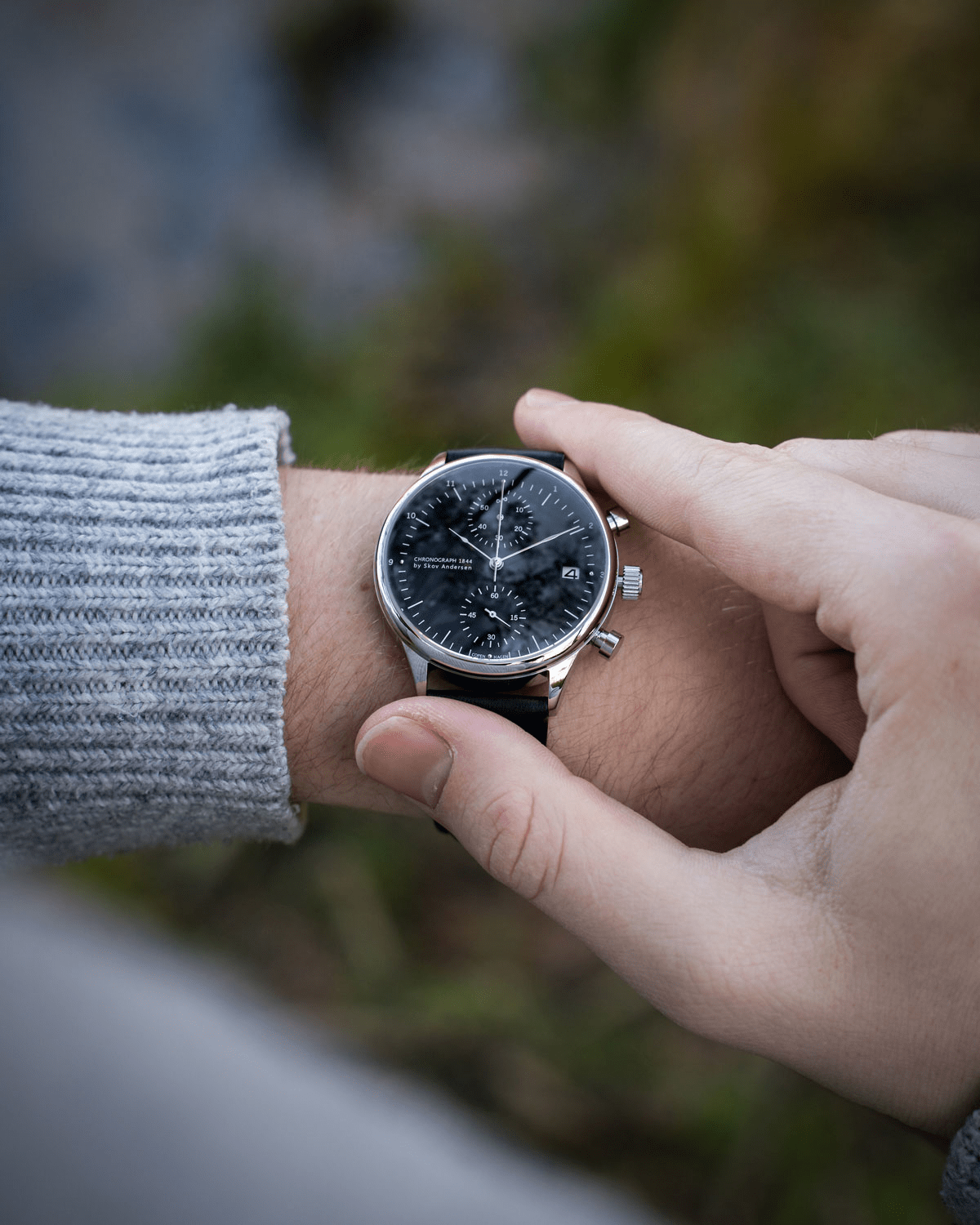 1844 Chronograph by AV86 with black dial, sapphire crystal, vintage-inspired chronograph dial, and black leather strap