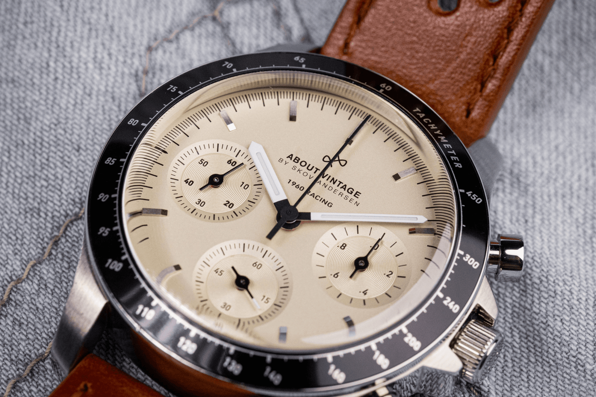 1960 Racing Chronograph by AV86 vintage-inspired with sapphire crystal, tachymeter bezel, and brown leather strap
